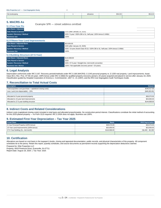 Second page of the sample report showing the 5-year, 15-year and 27.5-year allocation tables
